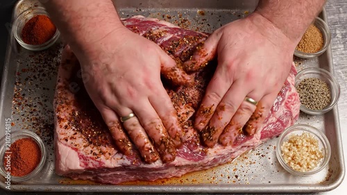 Close-up of a butcher's hands rubbing a spice blend into a large marbled brisket on a tray, small spice bowls nearby. Brisket seasoning preparation concept