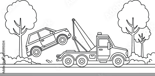 Foto Tow truck lifting a broken vehicle on a rural road scene, drawing of professiona