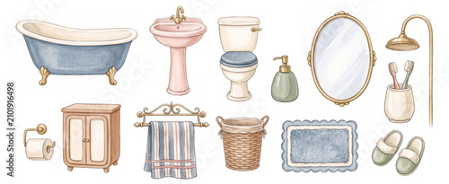Pastel Watercolor Vintage Bathroom Equipment Set on White Background