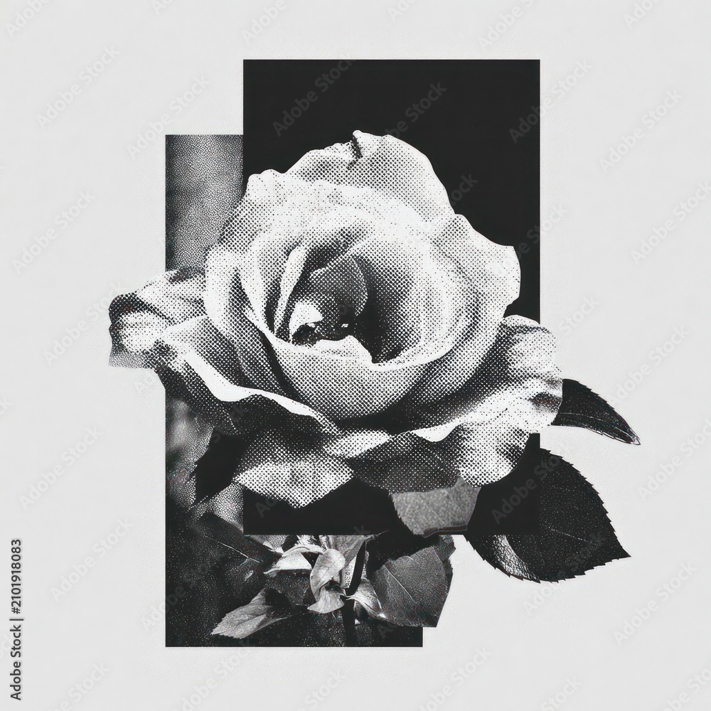 Obraz premium Monochrome rose illustration with geometric overlay