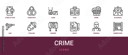 Photos Set of 12 outline web Crime icons such as barbed wire, criminal, death, barrier,