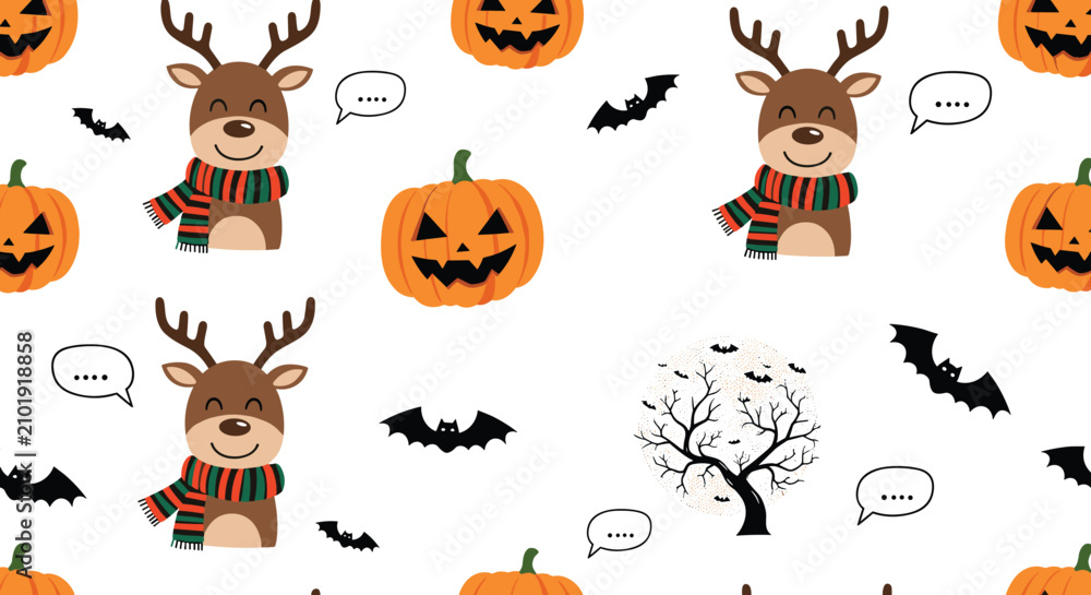 Obraz premium Unusual seamless pattern mixing holiday themes with cute reindeer, orange pumpkins, bats, and spooky trees.