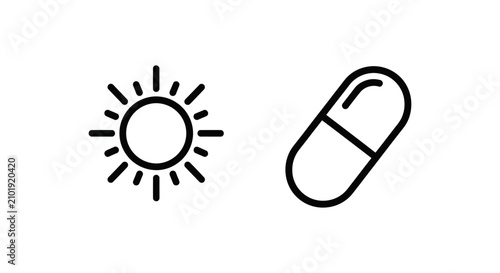Black and white line art icons of vitamin d and vitamin e supplement capsules with supplement nutrition medicine healthcare wellness pharmacy monochrome isolated treatment lifestyle