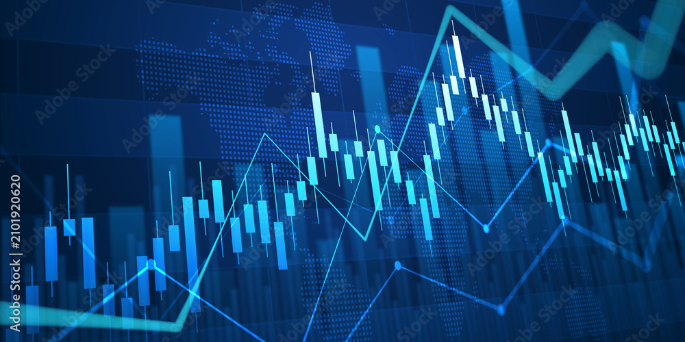 Fototapeta premium uptrend line financial graph with world map and bar chart of stock market on blue color background