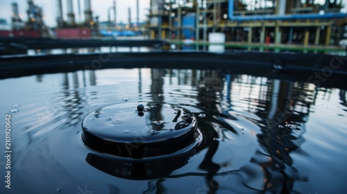 Industrial oil reservoir with black liquid surface reflecting surrounding structures and machinery in a manufacturing facility during twilight hours