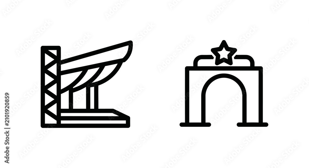 Obraz premium Side wing area and backstage entry zone outline icon set with backstage performance production monochrome industry entertainment location navigation management operation entrance