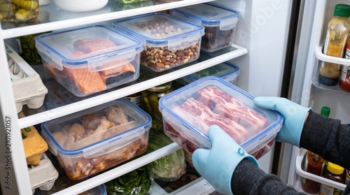 Hands in blue gloves placing raw meat container into organized refrigerator shelf featuring salmon chicken and meal prep storage containers in bright clean kitchen for healthy lifestyle.