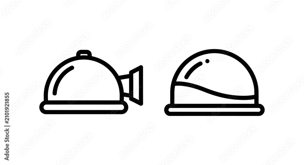 Fototapeta premium Restaurant food cloche serving cover icons with restaurant catering hospitality isolated culinary pictogram equipment utensils collection