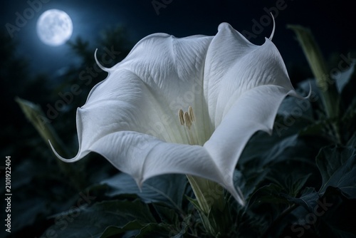 Fotografie A close-up of a large white datura flower blooming at night under moonlight