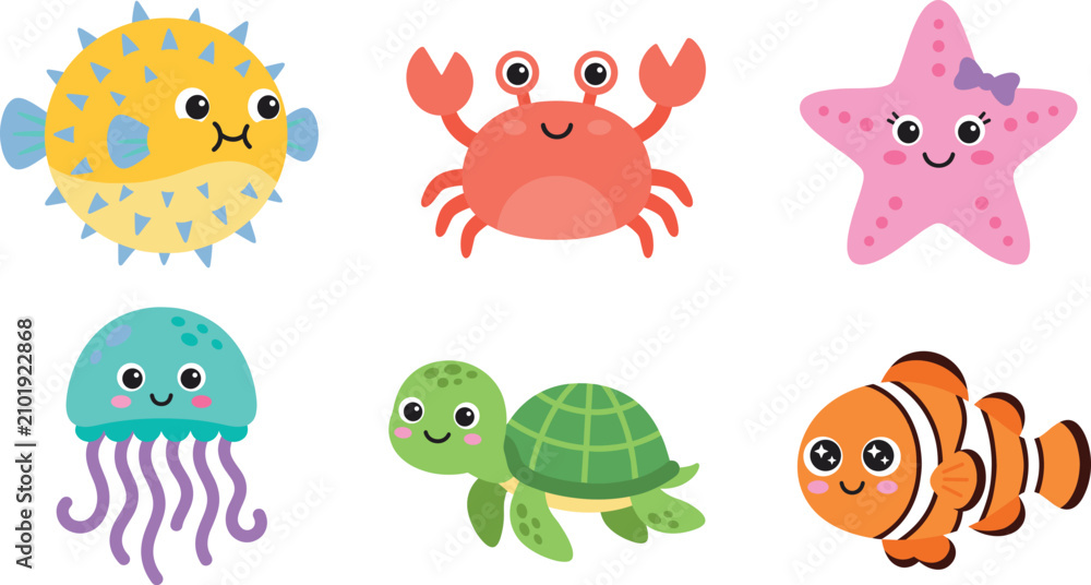 Naklejka premium Cute sea creature animal mascot character set vector illustration with pufferfish crab starfish jellyfish sea turtle clownfish.