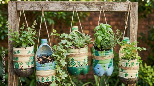 Creative DIY vertical herb garden featuring fresh plants and succulents growing in colorful hand-painted recycled plastic bottles hanging from a rustic wooden frame in a sunny outdoor garden.