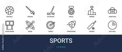 Canvas Print Set of 12 outline web Sports icons such as golf ball, cricket, paragliding, targ