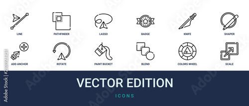 Foto Set of 12 outline web Vector Edition icons such as scale, colors wheel, blend, p