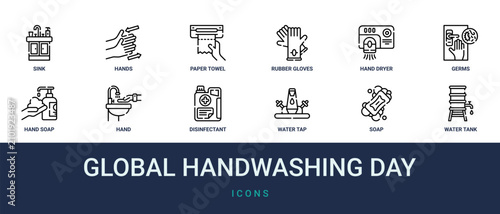 Fotografie Set of 12 outline web Global Handwashing Day icons such as water tank, soap, wat