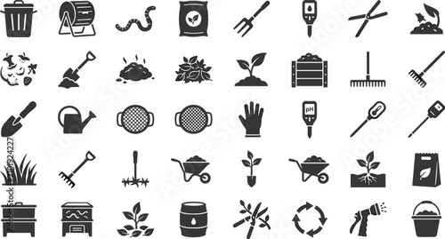Tableau sur toile Organic Composting and Soil Fertilizer Production Solid Icon Set Featuring Garde