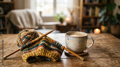 Cozy home hobby scene with striped wool knitting needles next to steaming ceramic mug on rustic wooden table in warm sunlit living room with bokeh bookshelves and glowing candles background.