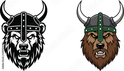 Angry cartoon skull face with green glowing eyes and horns wearing headphones