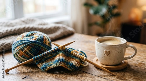 Hand knitted craft with colorful teal and yellow wool yarn on wooden needles beside a steaming coffee cup with heart symbol, rustic home interior background, soft lighting and cozy atmosphere.