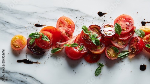 A modern flat lay of tomato salad styled asymmetrically on a marble surface with refined editorial composition and subtle reflections