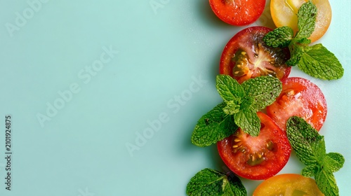 A pastel mint background with marinated tomato salad arranged vertically along one side leaving large empty space for branding or menu text