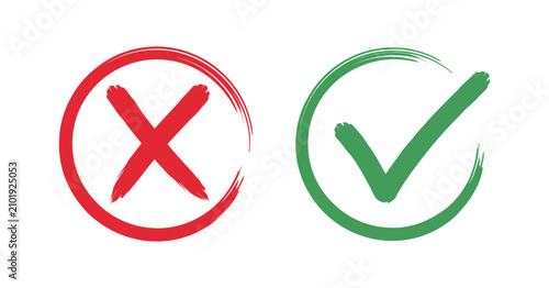 Konstfotografi Red cross and green check mark symbols hand painted brushstroke style on transpa