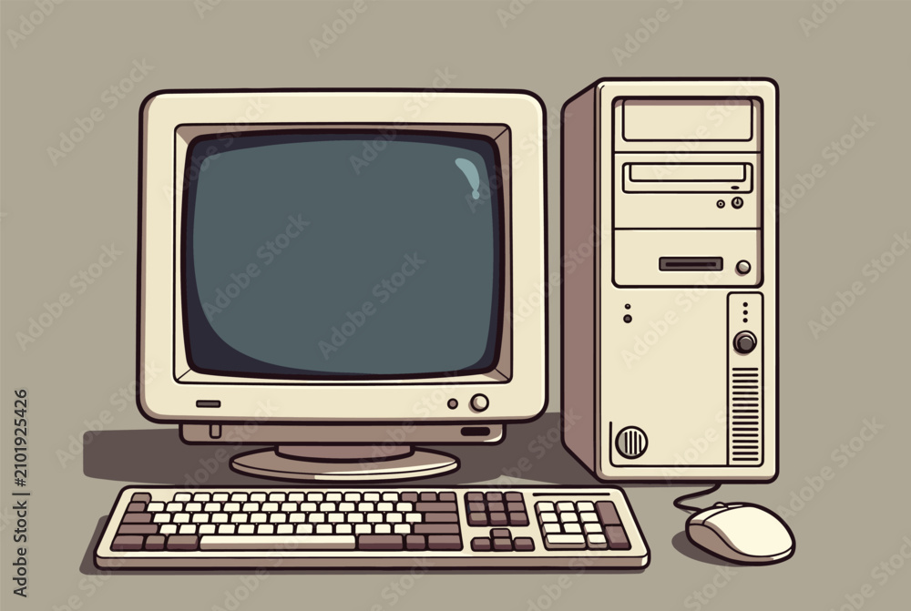 Fototapeta premium Retro desktop computer system featuring a beige CRT monitor, keyboard, computer mouse, and a big tower CPU casing.