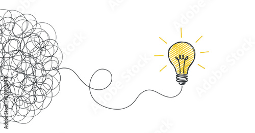 Canvastavla Tangled lines transitioning to a sketched lightbulb with radiating lines illustr
