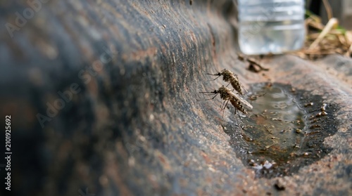 Close up of mosquitoes resting on dirty rusty corrugated metal surface near stagnant water puddle and discarded plastic bottle, natural daylight highlighting unhygienic pest breeding risk.