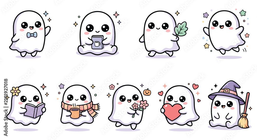 Fototapeta premium Cute cartoon ghosts collection in various poses set isolated on white background.