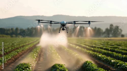 Agricultural drone spraying pesticide over green crop field