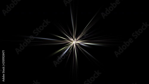 Loop center flickering golw optical lens flares star shine light animation art on black abstract background. Lighting lamp rays effect dynamic bright video footage 