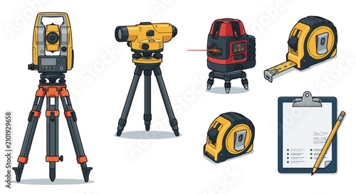 Professional Surveying and Engineering Measurement Tool Collection Featuring Theodolite Tripod Laser Level and Measuring Tape