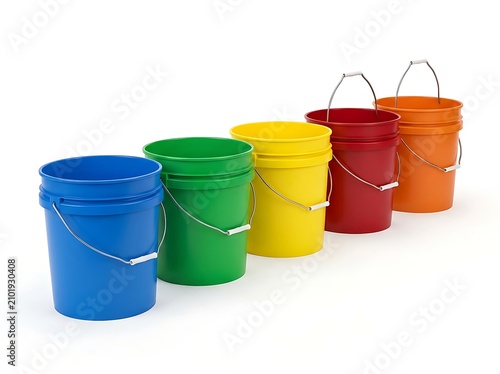 Five colorful plastic buckets in a row. 5 gallon bucket