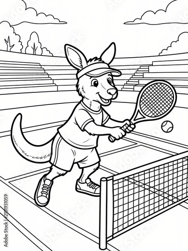 Coloring page, sporty kangaroo hitting a tennis ball.