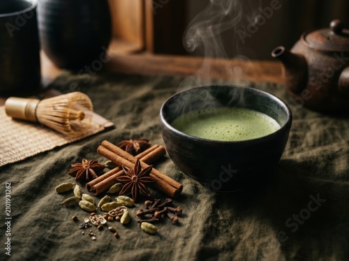 Steaming bowl of authentic green matcha tea with aromatic spices on dark linen cloth; moody, serene lighting highlighting a traditional bamboo whisk and teapot in a rustic wooden setting.