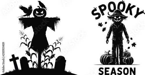 Black silhouette Halloween scarecrow pumpkins crows and gravestones