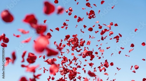 Vibrant red rose petals flying through the clear blue sky in bright natural daylight, creating a romantic and celebratory atmosphere for a beautiful wedding or joyful special event backdrop.
