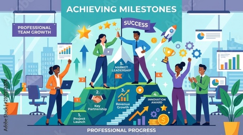 Business team achieving milestones. Professional group celebrating success and growth.