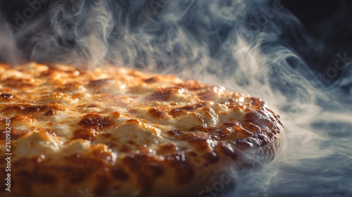 A macro top-down composition of hot pizza steam rising from cottage cheese pizza with glossy cheese reflections and cinematic detail