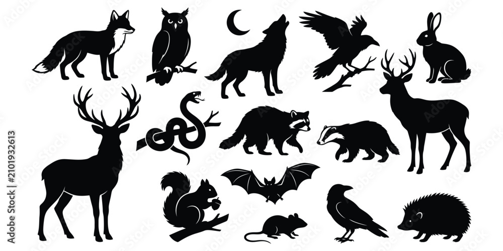 Fototapeta premium Black silhouettes of various forest animals and creatures