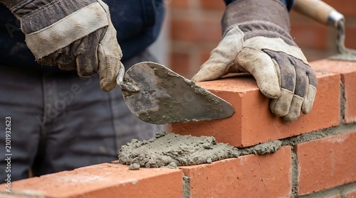 Masonry worker laying red bricks with trowel and mortar on a construction site wall