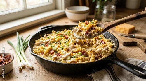 Creamy chicken and bacon pasta with rotini in a black cast iron skillet on a rustic wooden table by a window with natural light, served with fresh scallions in a cozy farmhouse kitchen setting.