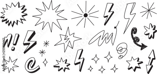 Obraz na płótnie Crayon drawn attention symbol set featuring hand drawn doodle emphasis marks, sparkle bursts, comic rays, sketch highlights, manga starburst shapes, annotation elements and vector illustrations