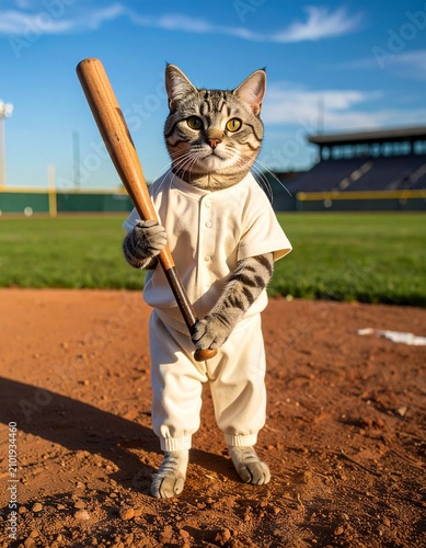 Baseball Cat's Big Game: A domestic shorthair tabby cat dressed in a full baseball uniform stands on a baseball field holding a wooden bat, ready to play.