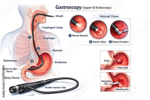 Medical diagram detailing gastroscopy procedure and upper gi endoscopy