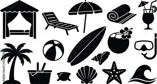 Schilderij op canvas Black silhouette summer icons beach essentials for vacation and leisure activiti