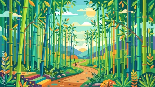 Colorful bamboo forest illustration for nature and environmental projects. Vibrant digital artwork showcasing lush greenery and serene landscape.