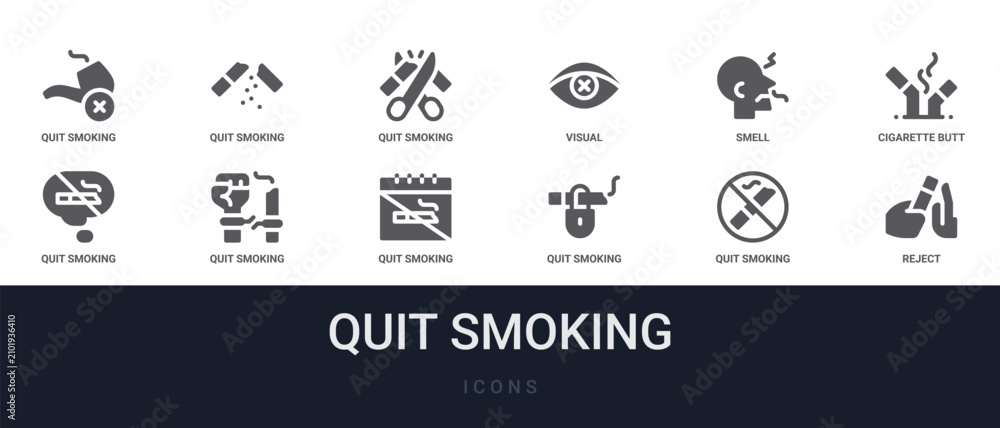Fototapeta premium Set of 12 solid Quit Smoking icons for dashboards, app screens and website sections. Filled glyph collection including quit smoking, visual, cigarette butt, quit smoking and quit smoking.