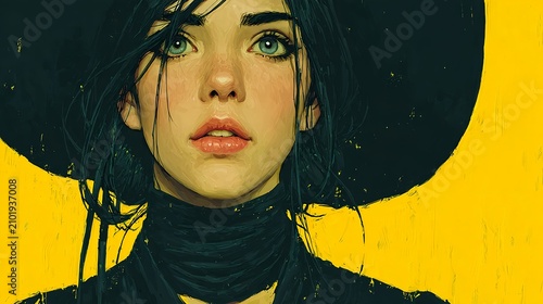 Green Eyed Woman in Black Wide Brim Hat on Yellow Background