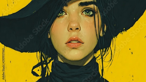 Green Eyed Woman in Black Wide Brim Hat on Yellow Background